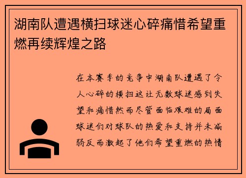 湖南队遭遇横扫球迷心碎痛惜希望重燃再续辉煌之路