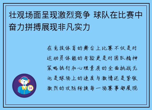 壮观场面呈现激烈竞争 球队在比赛中奋力拼搏展现非凡实力