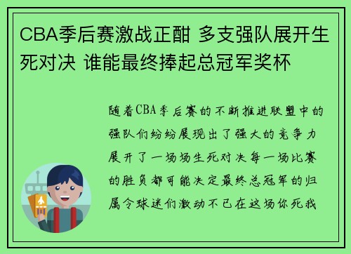 CBA季后赛激战正酣 多支强队展开生死对决 谁能最终捧起总冠军奖杯