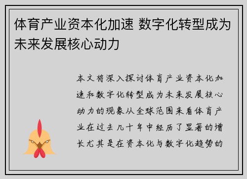 体育产业资本化加速 数字化转型成为未来发展核心动力
